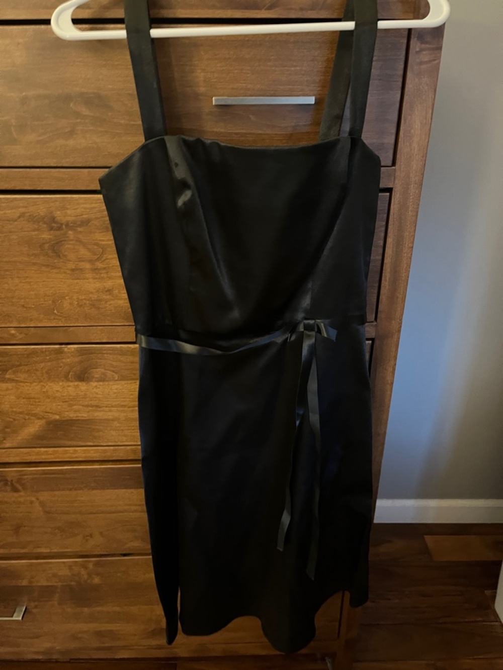 ABS Allen Schwartz Black Satin Midi Dress with Ribbon Waist - Picture 2 of 6